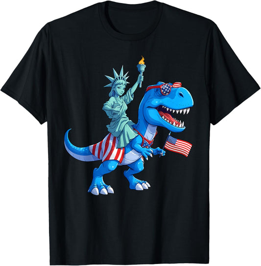 Dino Statue Of Liberty 4th Of July TRex American Flag Boys T-Shirt
