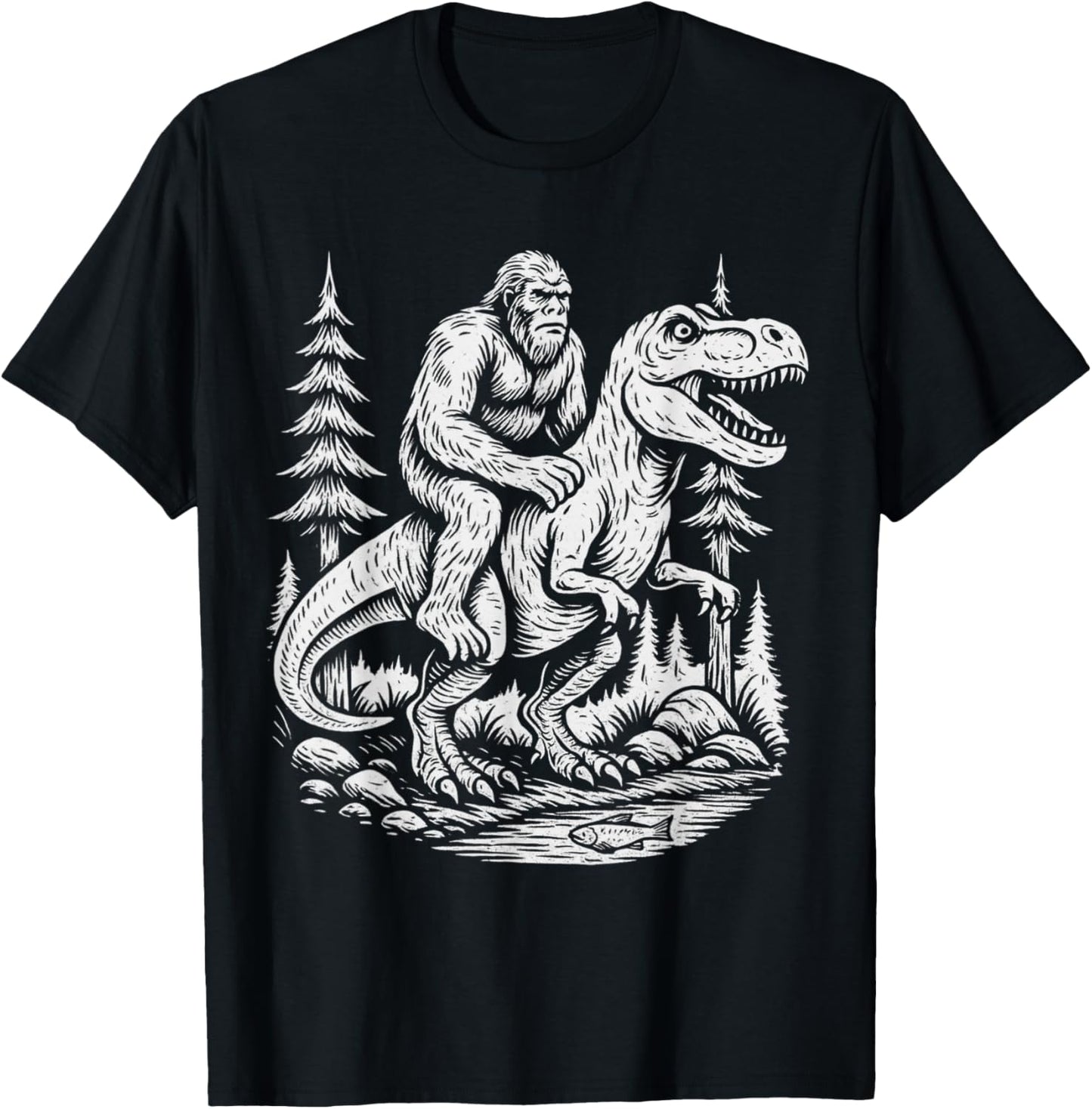 Bigfoot Riding T Rex Dinosaur Funny Forest Cryptid Graphic T-Shirt
