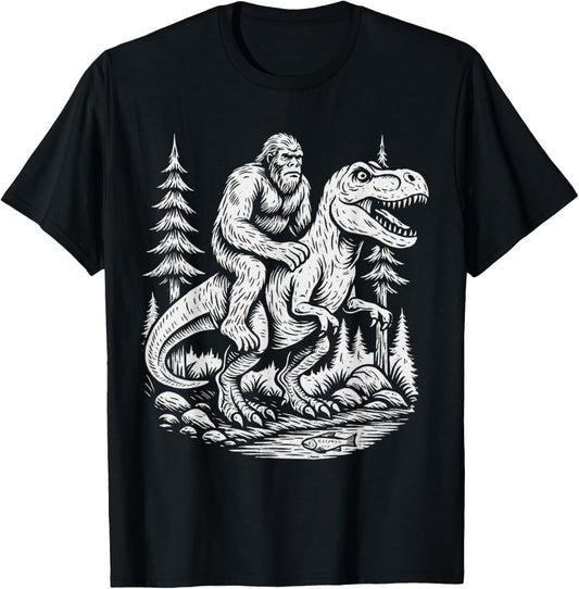 Bigfoot Riding T Rex Dinosaur Funny Forest Cryptid Graphic T-Shirt