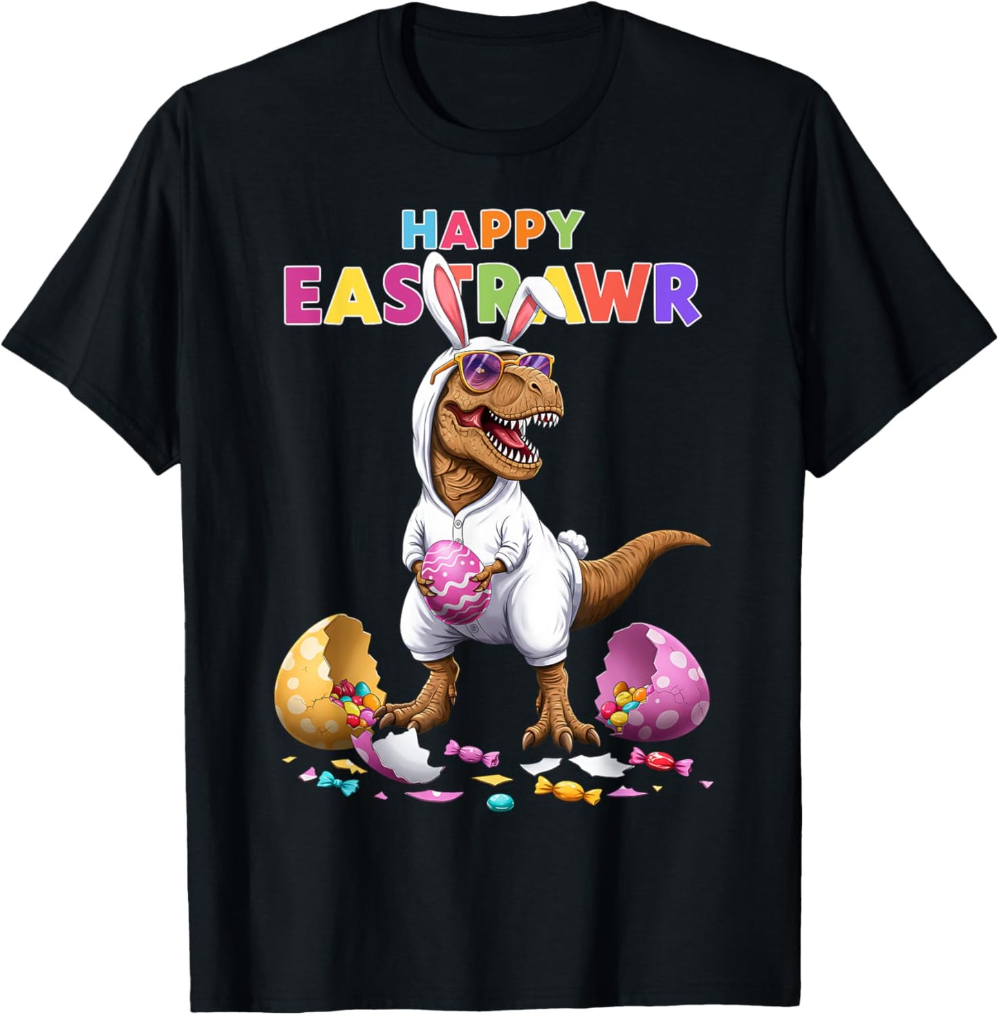 Happy Eastrawr T Rex Easter Bunny Dinosaur Candy Eggs Kids T-Shirt