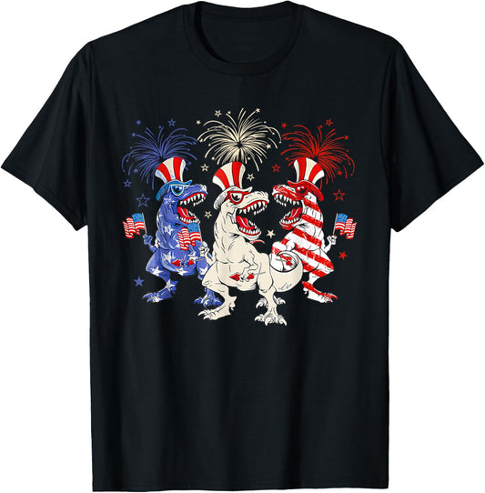 Patriotic Red White Blue T Rex Dinosaur Firework 4th Of July T-Shirt