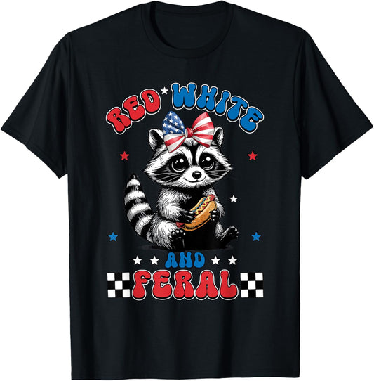 Red White And Feral Cute Raccoon Hotdog 4th Of July Girls T-Shirt