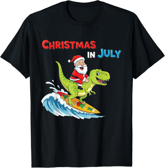 Funny Surfing Santa Dinosaur T-Rex Christmas in July T-Shirt