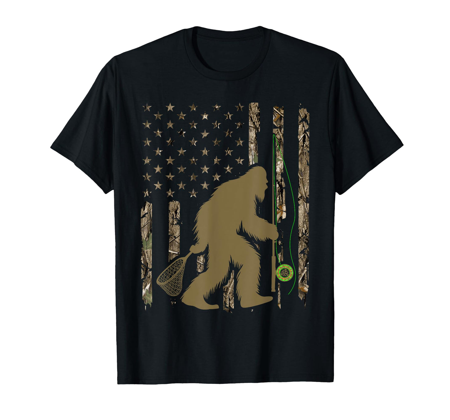 Bigfoot Fly Fishing Sasquatch American Flag Tree Camouflage T-Shirt for Women Men