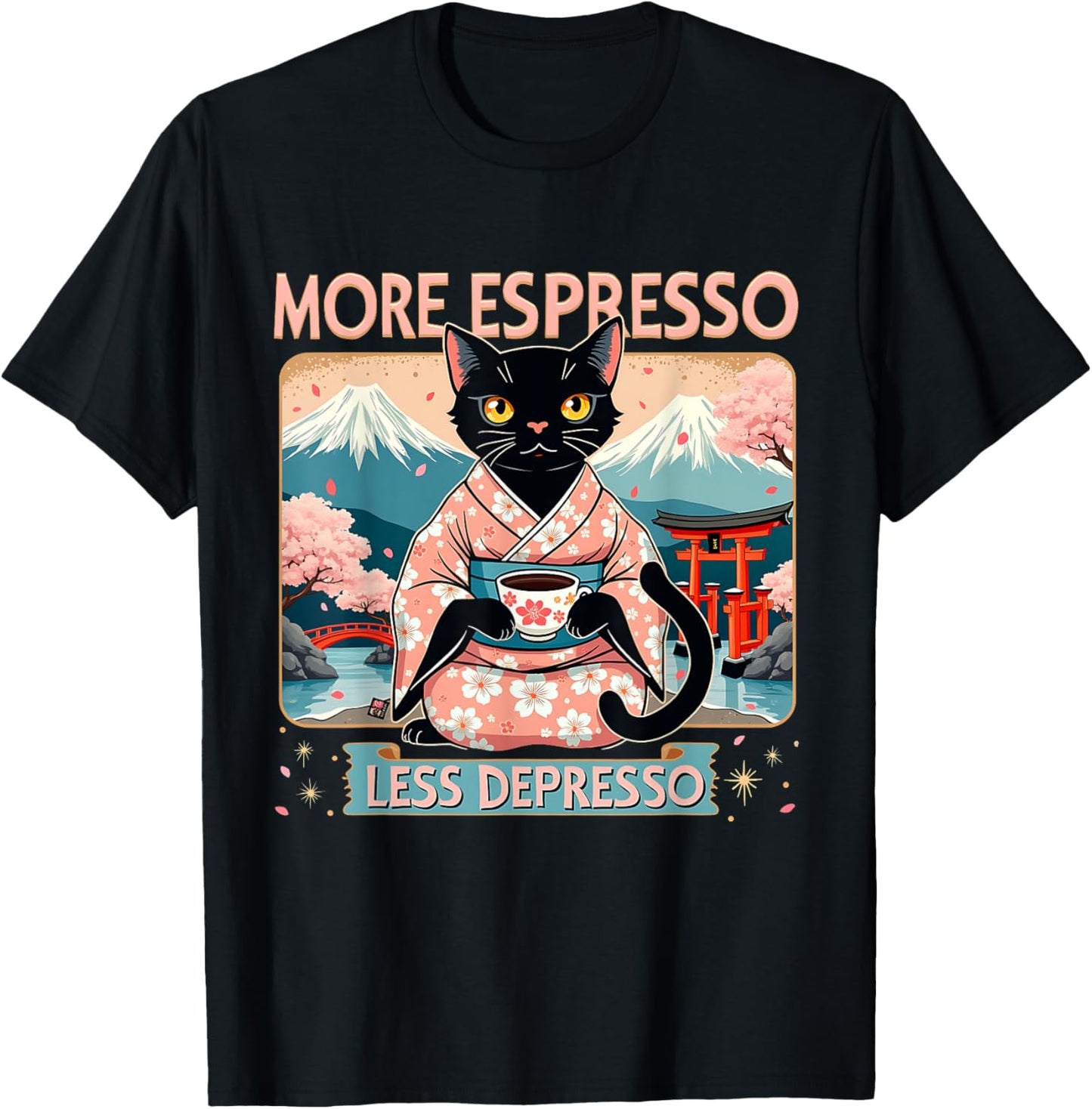 More Espresso Less Depresso Black Cat Japanese Coffee Design T-Shirt