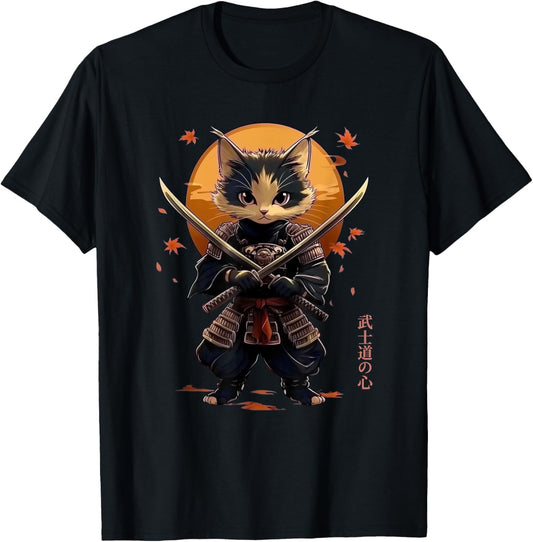 Cat Samurai Graphic Tee Kawaii Warrior Swords Japanese Anime T-Shirt