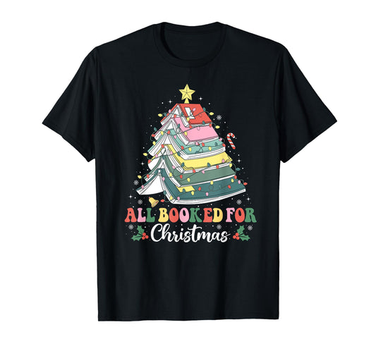 All Booked For Christmas Book Tree Lights Christmas Library T-Shirt