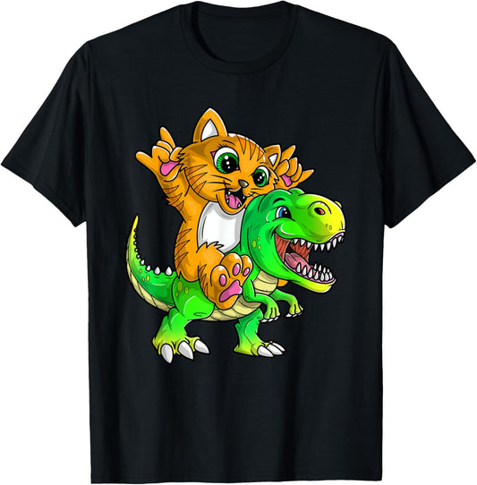 Cat on Dinosaur - Children and Adults T-Shirt