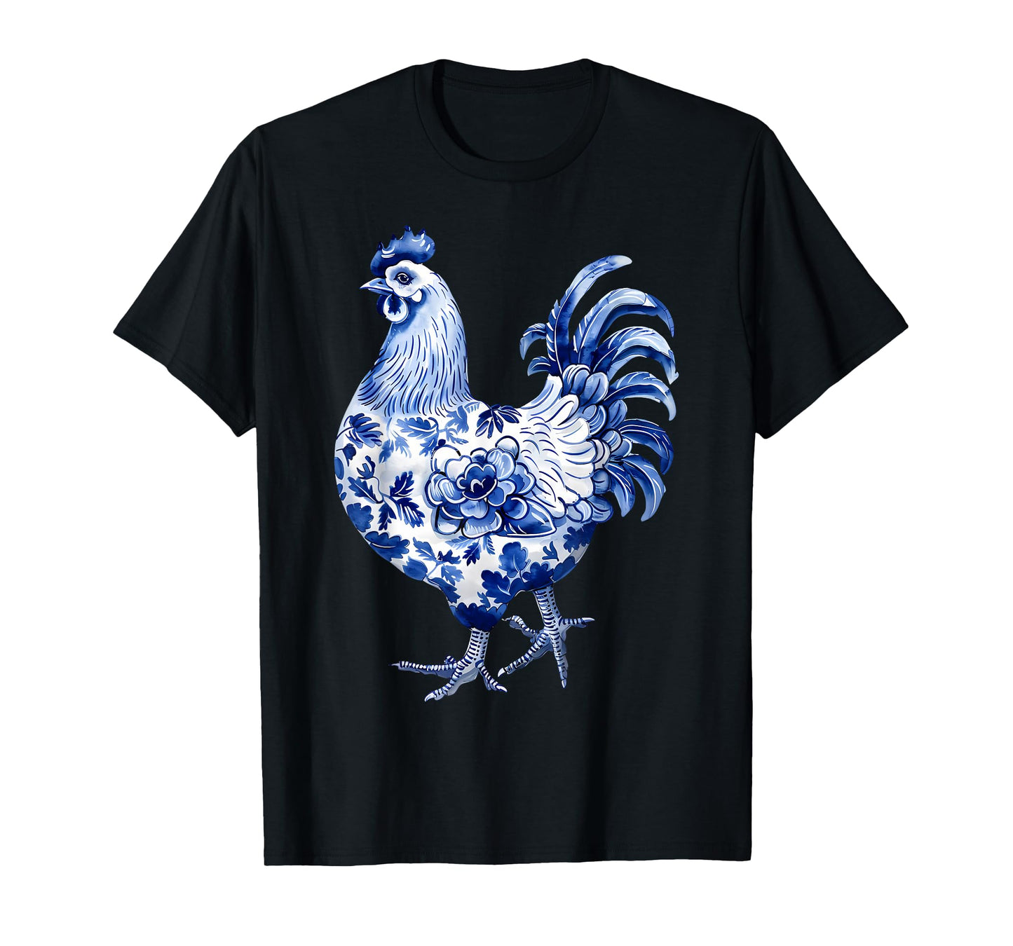 Floral Blue Chinoiserie Chicken Flowers Art Graphic Farm T-Shirt