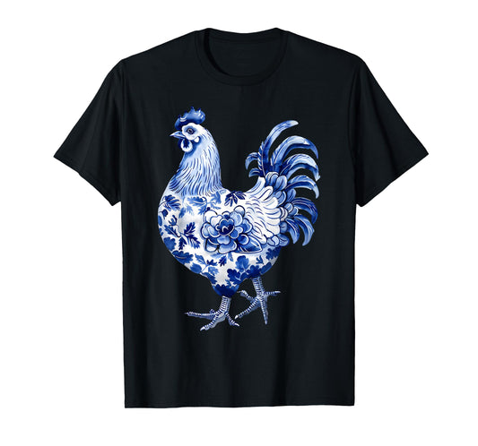 Floral Blue Chinoiserie Chicken Flowers Art Graphic Farm T-Shirt
