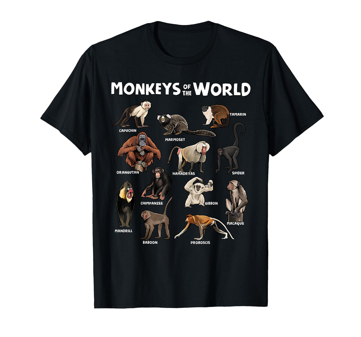 Monkeys of the World Realistic Animal Species Design T-Shirt