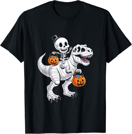 Skeleton Riding Dinosaur T Rex Halloween Night Ride Design T-Shirt