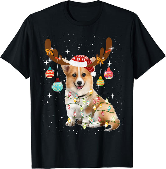 Reindeer Corgi Dog With Santa Hat Christmas Light Xmas Corgi T-Shirt