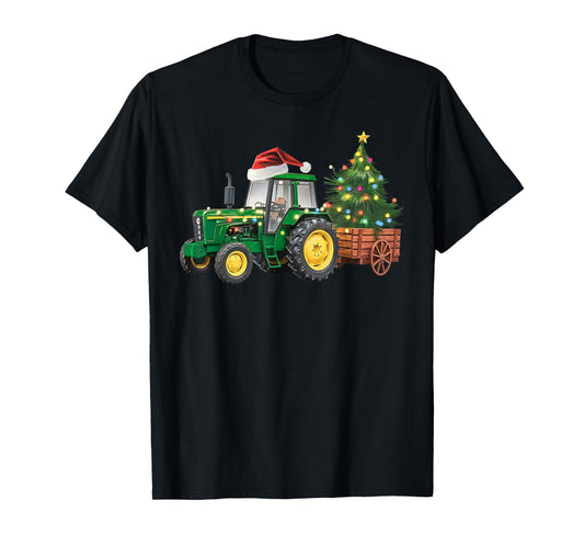 Christmas Farm Tractor Tree Lights Santa Hat Xmas Farmer T-Shirt