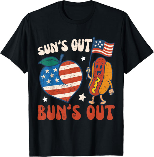 Funny 4th of July Suns Out Buns Out Hotdog Peach USA Flag T-Shirt