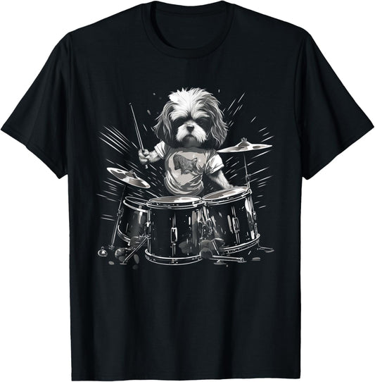Funny Shih Tzu Dog Playing Drums T-Shirt