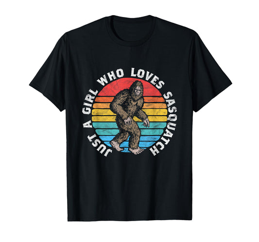 Just a Girl Who Loves Sasquatch Retro 80s Bigfoot Distressed T-Shirt