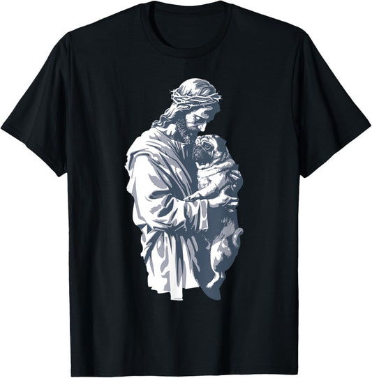 Funny Vintage Jesus Holding Cute Pug Retro 90s Christian T-Shirt