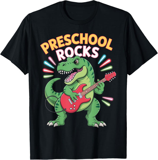 Preschool Rocks Dino with Guitar Funny School Design T-Shirt