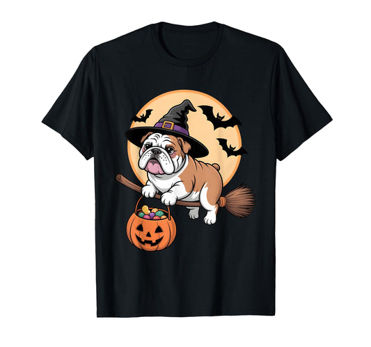 Bulldog Witch Hat Pumpkin Halloween Costume Men Women Kids T-Shirt