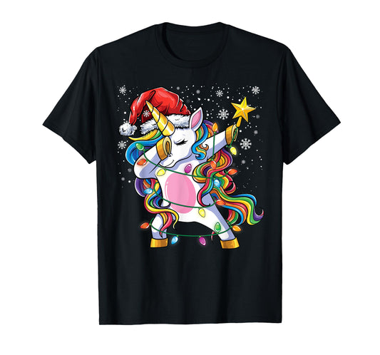Christmas Unicorn Dab Girls Women Xmas Tree Santa Unicorn T-Shirt