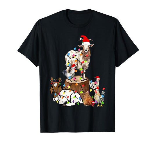 Goat Chicken Santa Hat Reindeer Funny Christmas Lights Farm T-Shirt