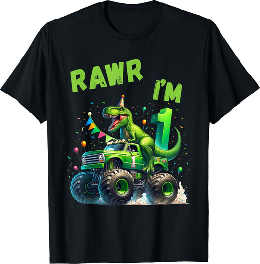 Kids RAWR I'm One Dinosaur 1st Birthday Monster Truck T-Shirt