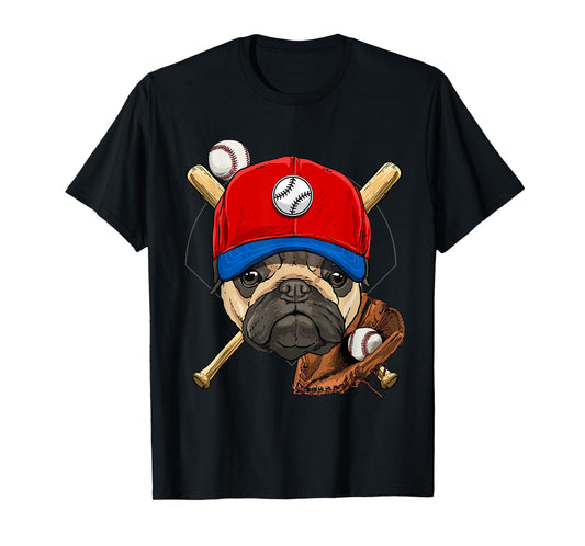 Pawsome Unisex-Adults, Kids Baseball T-Shirt, Black, Small, Short Sleeve, Cartoon Pug Baseball Player Applique