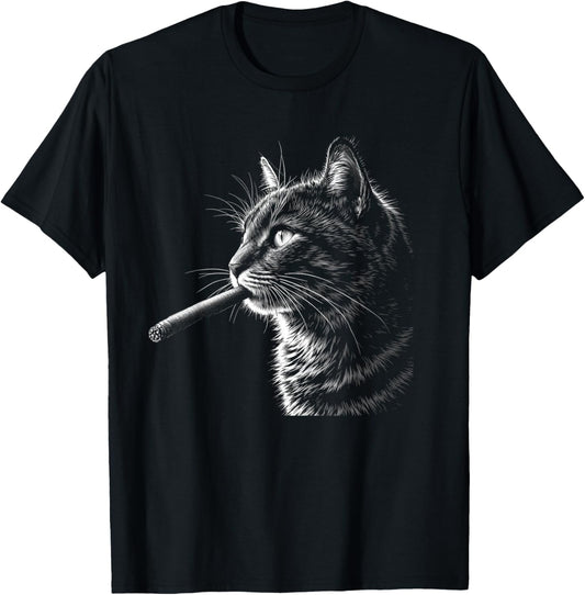 Cat Smoking Cigar Cigarette, Funny Smoker Hipster Black T-Shirt
