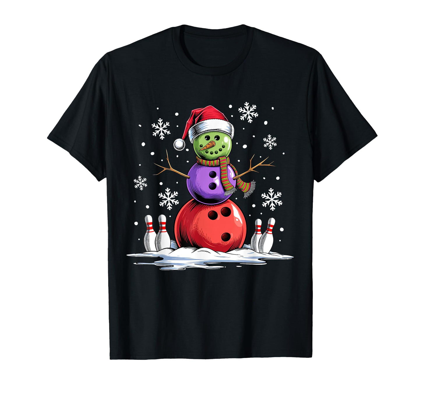 Bowling Snowman Bowling Player Santa Hat Christmas Funny T-Shirt