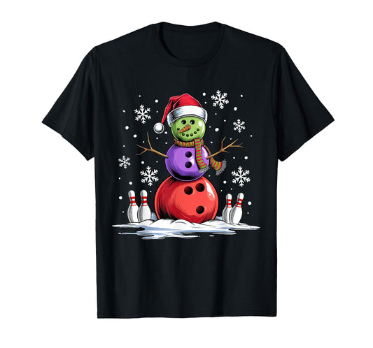Bowling Snowman Bowling Player Santa Hat Christmas Funny T-Shirt