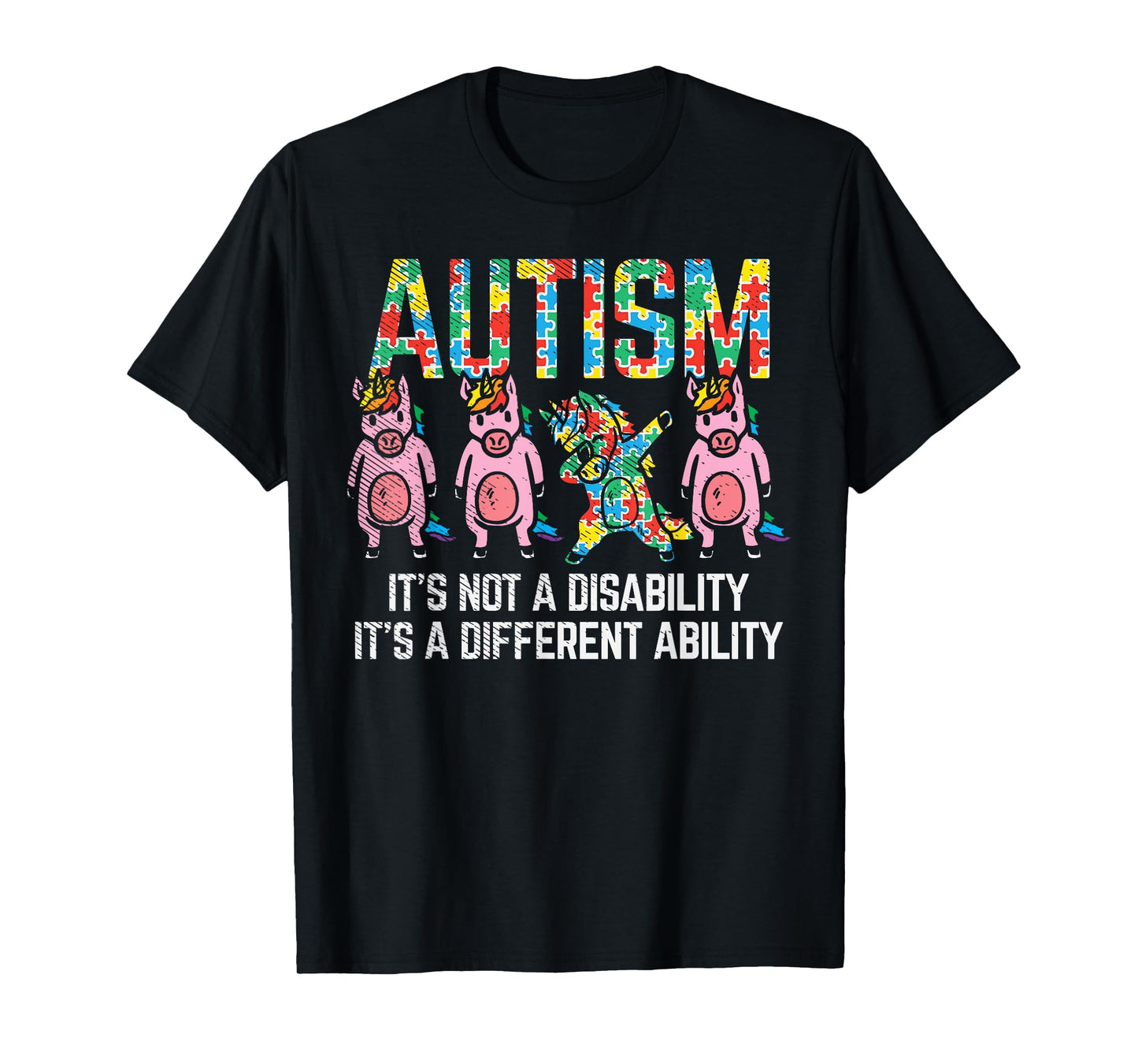 BoredKoalas Autism Awareness Unicorn Dab T-Shirt - Unisex-Adults, Black, Short Sleeve, Classic Fit, Cotton Blend, Small