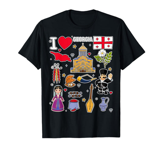 Georgian hand drawn symbols, Georgia map, cultural icons T-Shirt