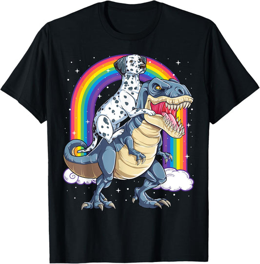 Dalmatian Riding Dinosaur T-rex Gifts Boys Kids Men Rainbow T-Shirt