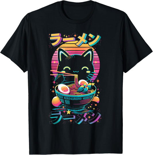 Anime Cat Eating Ramen Japanese Ramen Cat Japan Unisex Anime T-Shirt Black Small