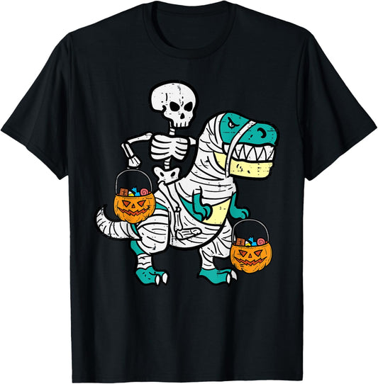 Skeleton Riding Trex Dino Toddler Boy Halloween Boys Kids T-Shirt