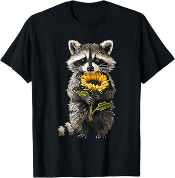 Raccoon Holding Sunflower Cute Flower Mothers Day T-Shirt
