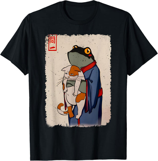 Frog Holding Cute Cat Funny Vintage Japanese Art Print Anime T-Shirt