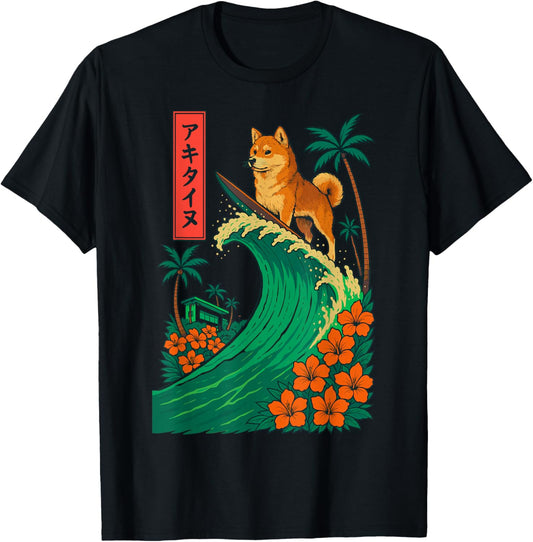 Japanese Shiba Inu Surfing Wave Great Wave Japan T-Shirt