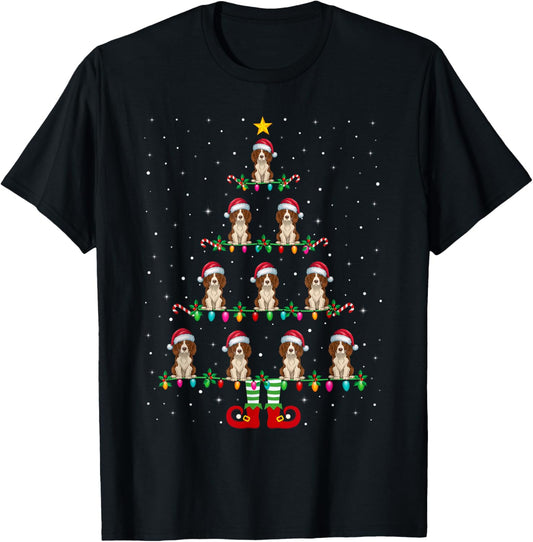Christmas Tree Lights Santa Hat ELF Brittany Spaniel Dog T-Shirt