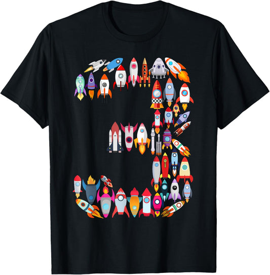 Kids 3rd Birthday Space Rocket Themed 3 Year Old Toddler Boy T-Shirt
