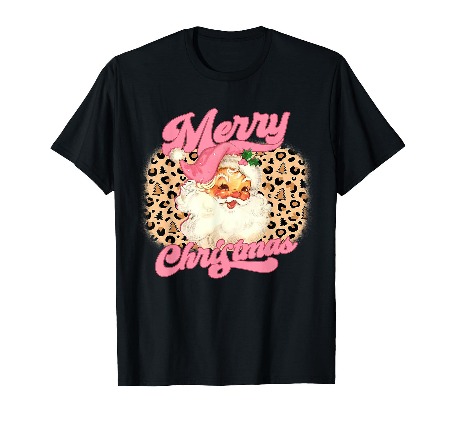 Merry Christmas Pink Santa Claus Leopard Print Women Girls T-Shirt