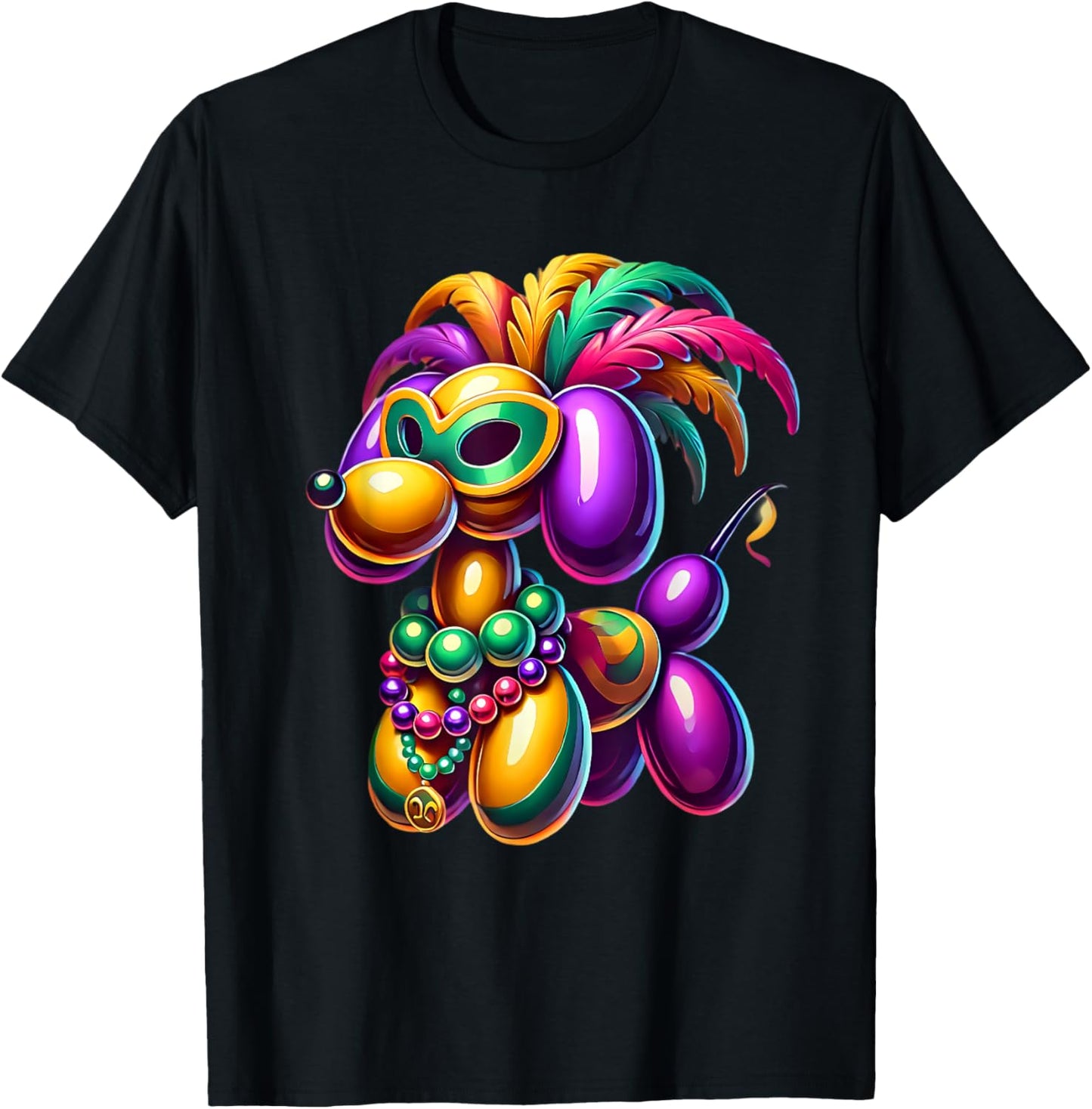 Mardi Gras Balloon Dog Wearing Mardi Gras Costume Beads T-Shirt