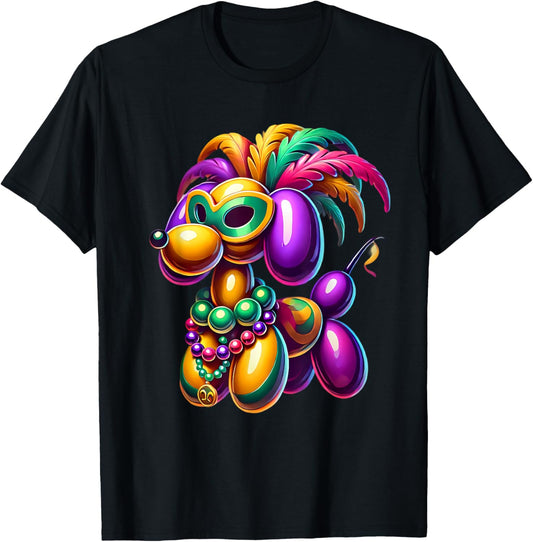 Mardi Gras Balloon Dog Wearing Mardi Gras Costume Beads T-Shirt