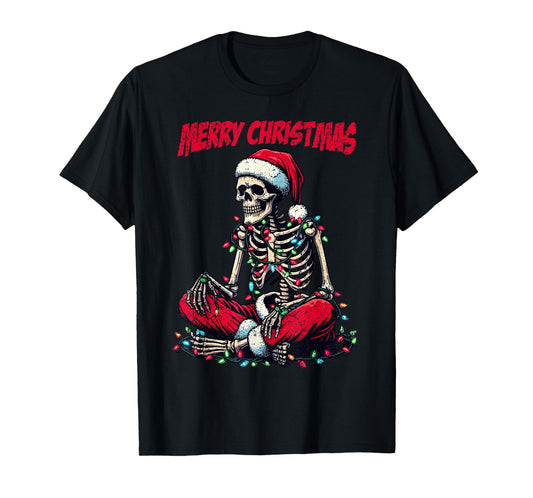 Skeleton Santa Hat Merry Christmas X-mas Lights Holiday T-Shirt