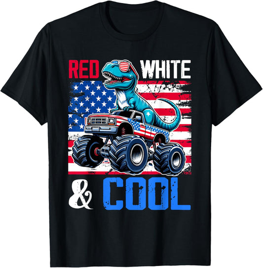 Red White And Cool Dinosaur Riding Monster Truck 4th Of July T-Shirt