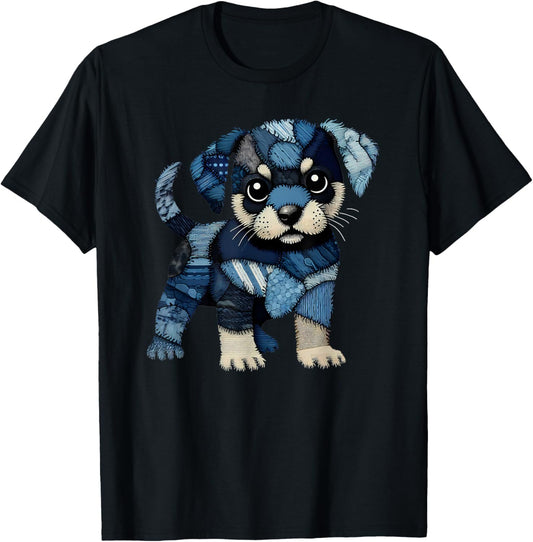 retro funny denim patch animal dog print T-Shirt