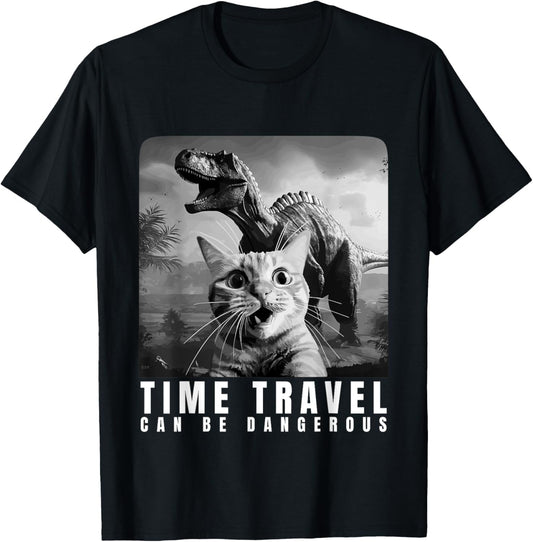 Cat Selfie Dinosaur Time Travel Can Be Dangerous Men, Women T-Shirt