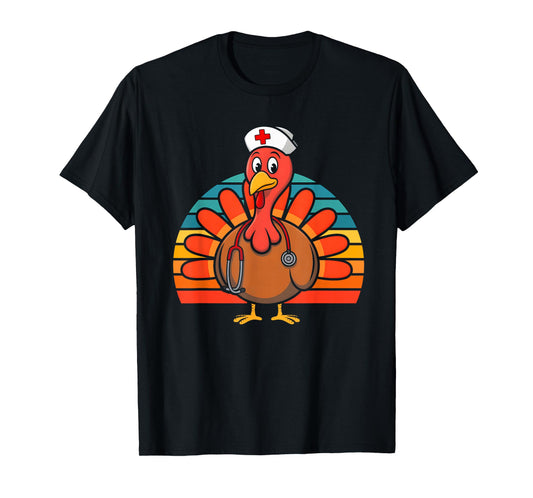 Thanksgiving Fall Autumn Scrub Tops Nursing Turkey Nurse T-Shirt