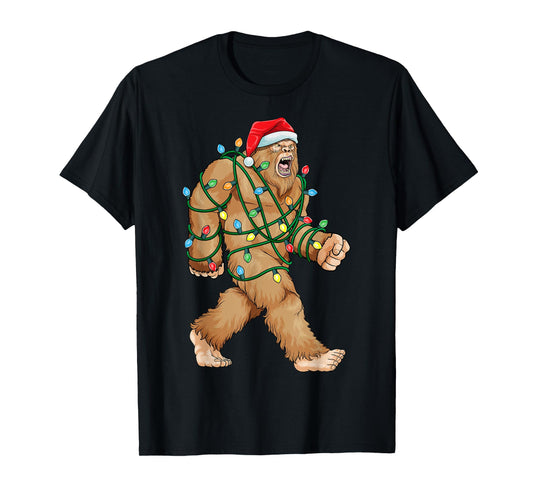 Bigfoot Christmas Shirt Bigfoot Xmas Lights Boys Sasquatch T-Shirt